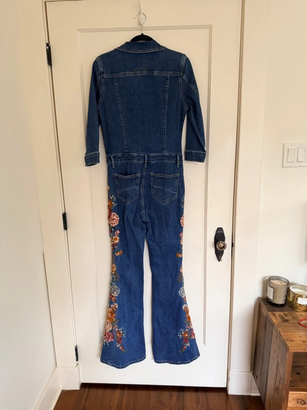 🌸DRIFTWOOD Farrah Embroidered Floral Flare Leg Denim Jumpsuit - Midnight Rose - Picture 2 of 13